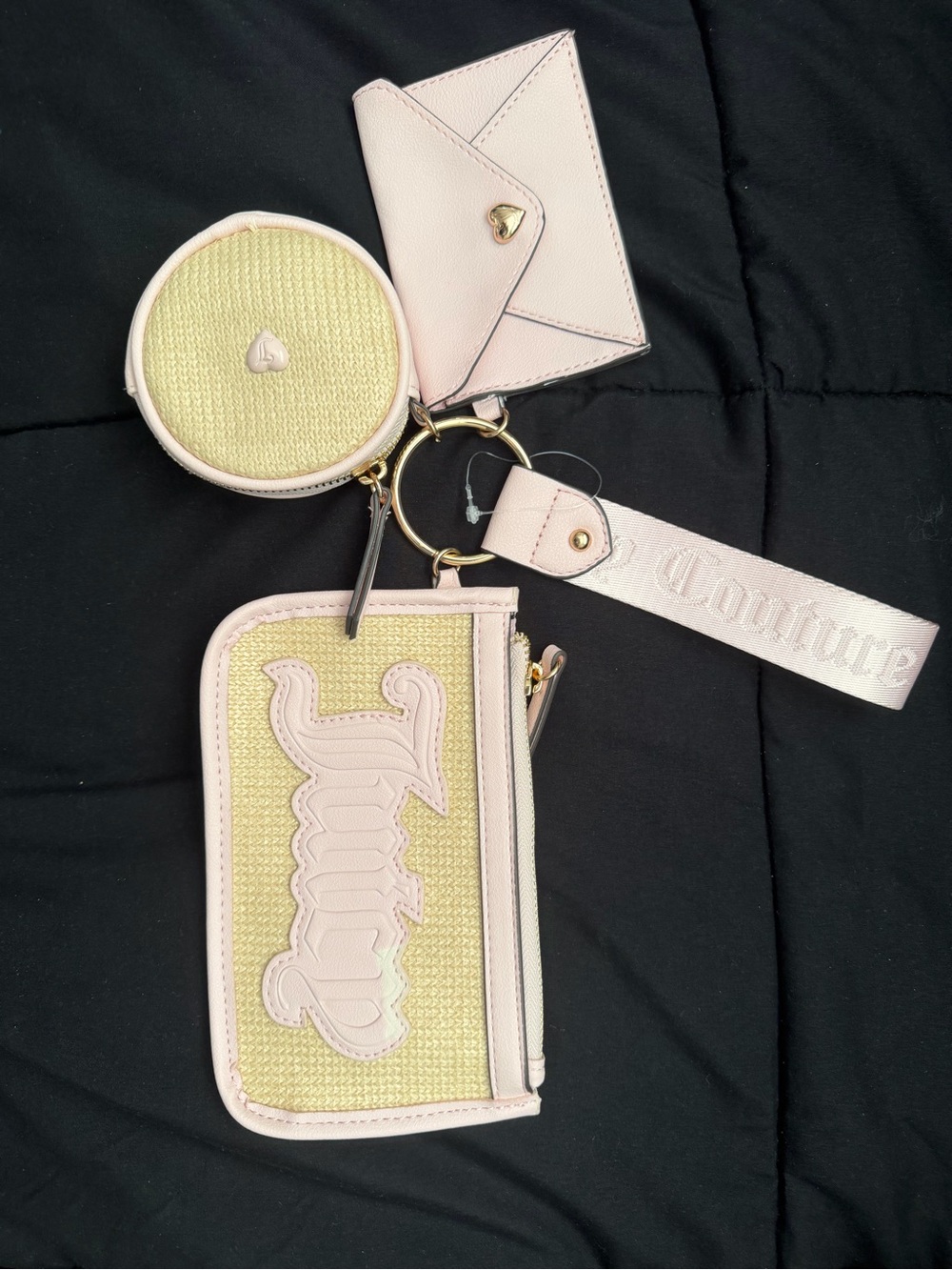 Juicy Couture Pale Pink & Straw Textured Keyring Wallet Set
